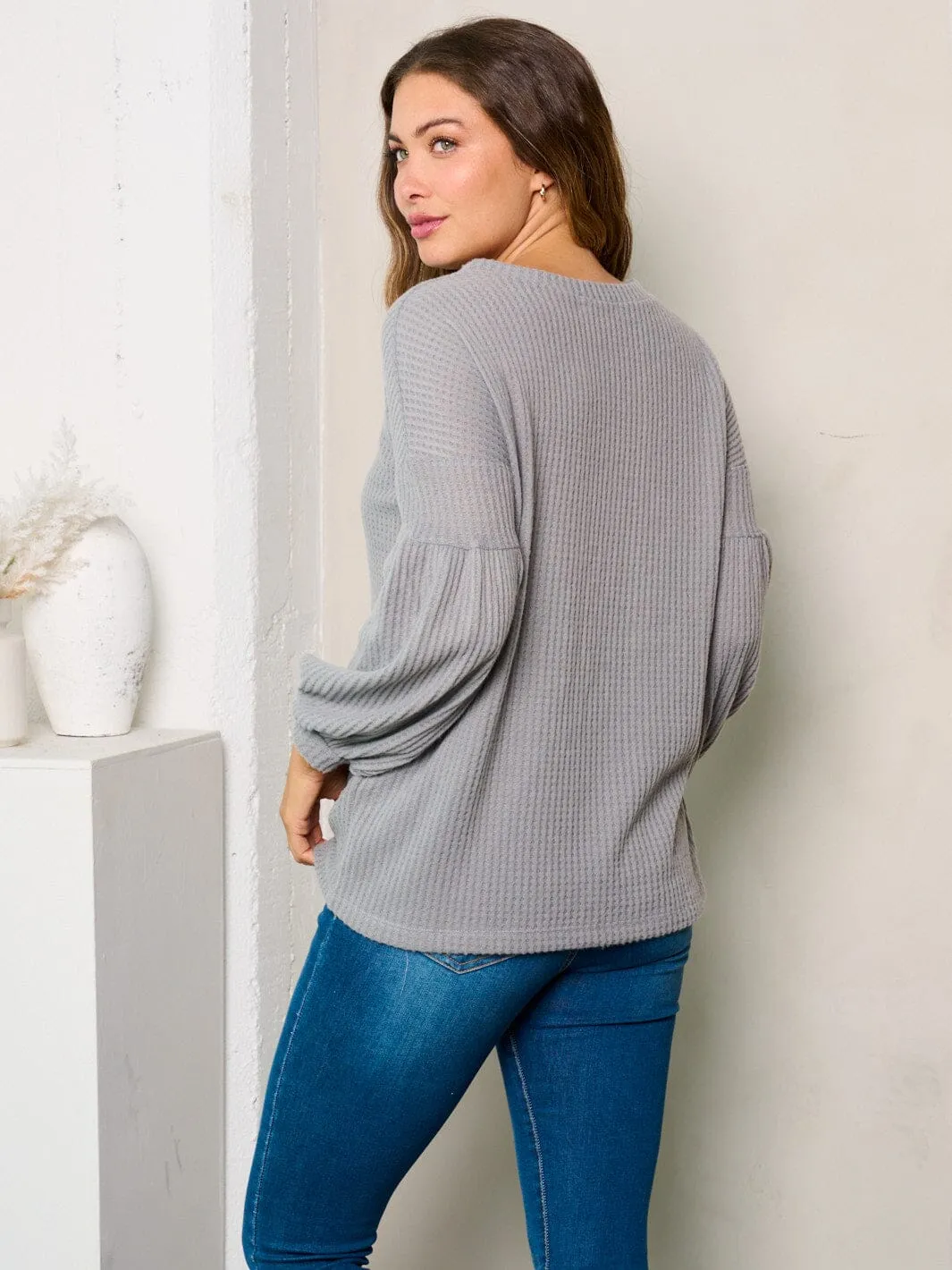 WOMEN'S LONG BALLOON SLEEVES WAFFLE TUNIC TOP