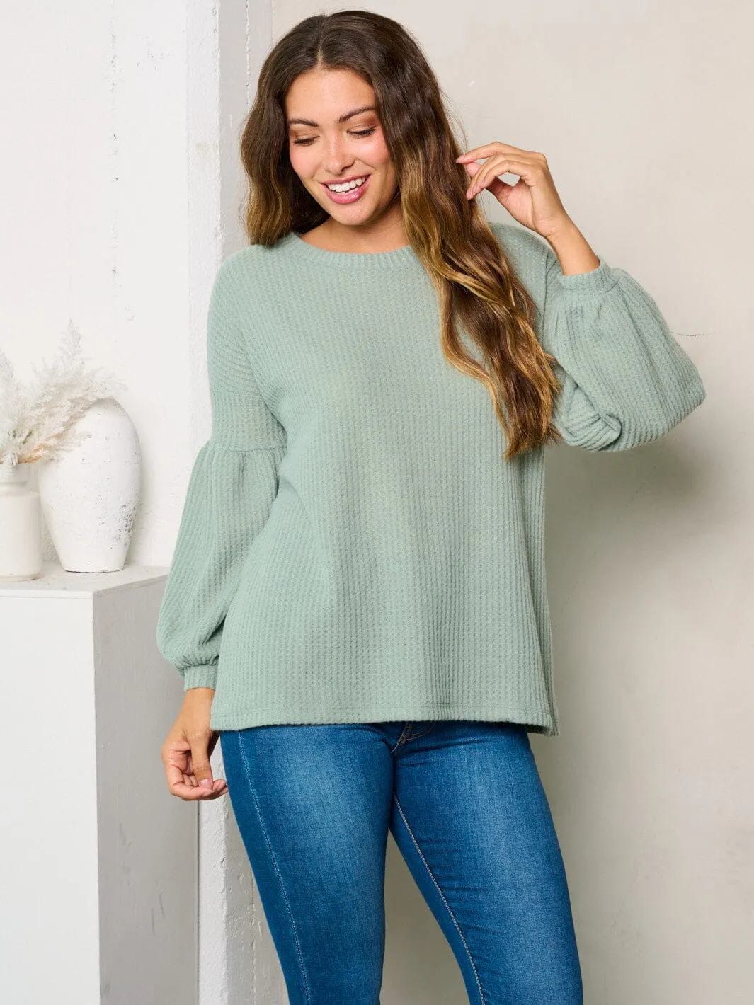 WOMEN'S LONG BALLOON SLEEVES WAFFLE TUNIC TOP