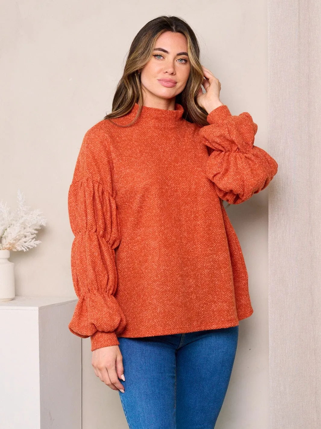 WOMEN'S LONG DETAILED SLEEVES MOCK NECK TUNIC TOP