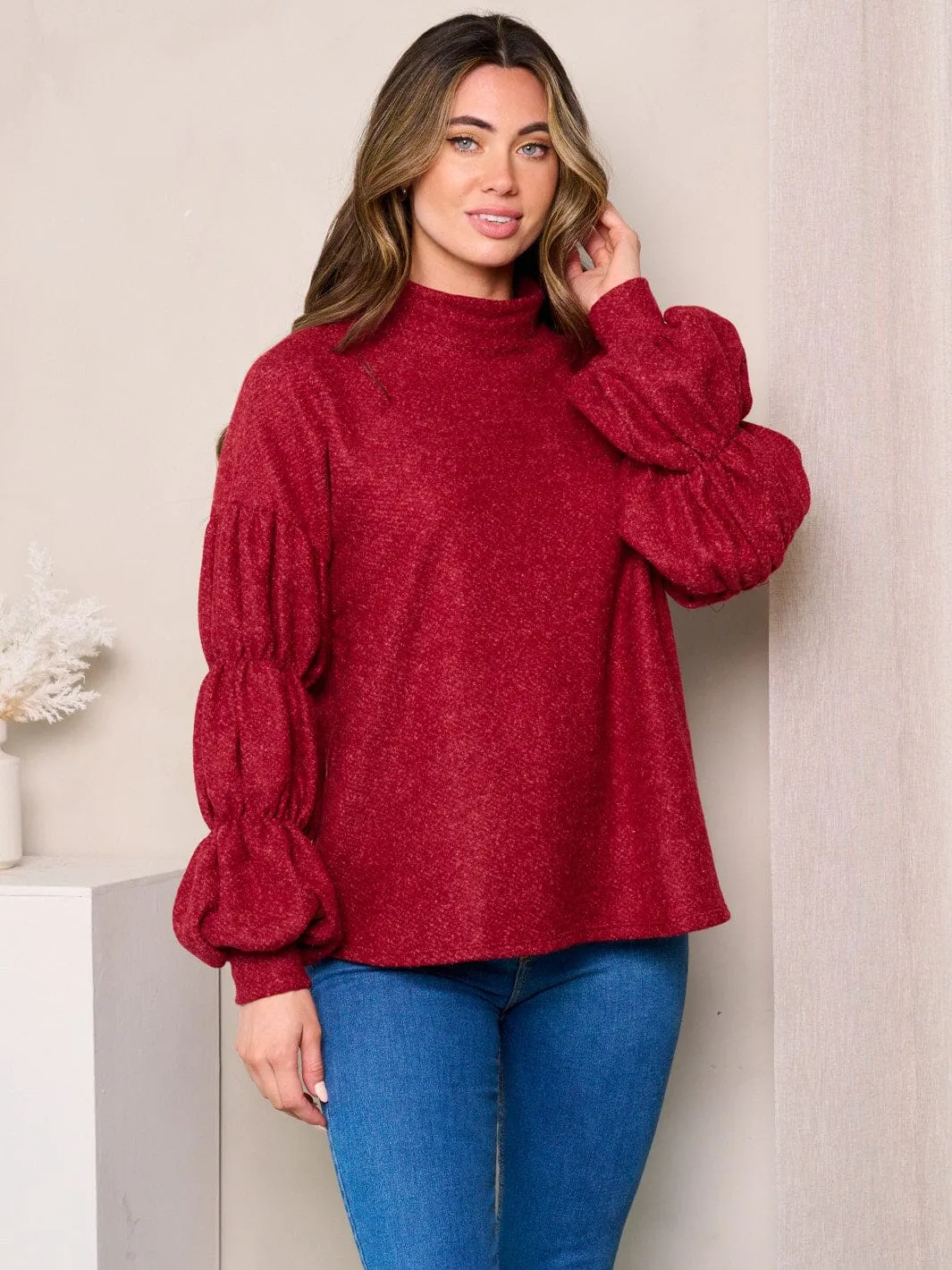 WOMEN'S LONG DETAILED SLEEVES MOCK NECK TUNIC TOP