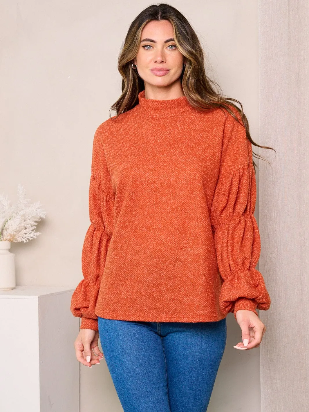 WOMEN'S LONG DETAILED SLEEVES MOCK NECK TUNIC TOP