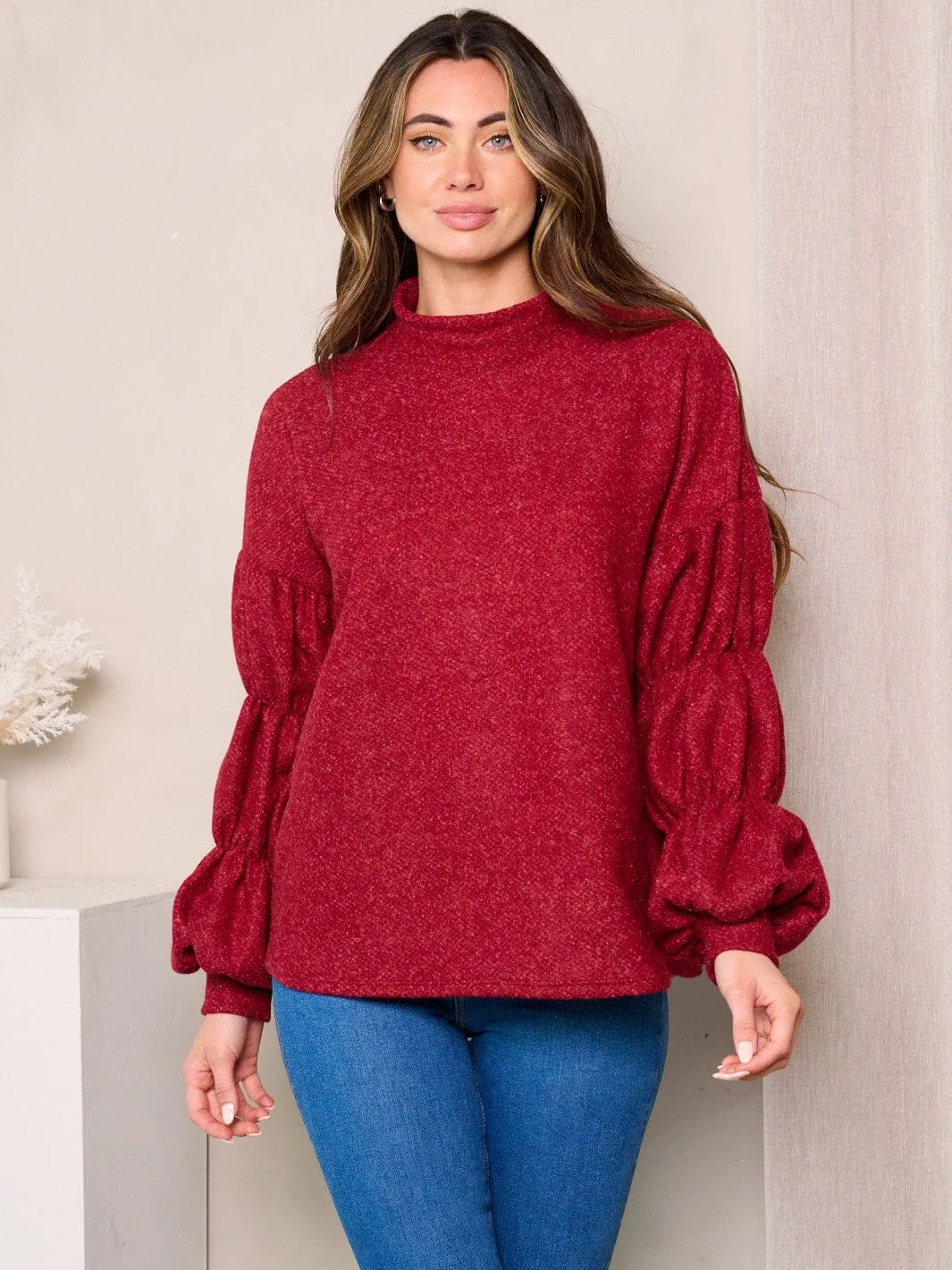 WOMEN'S LONG DETAILED SLEEVES MOCK NECK TUNIC TOP