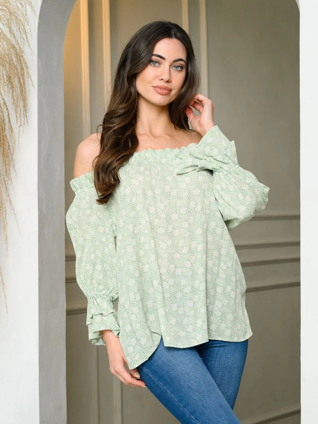 WOMEN'S LONG PUFF SLEEVE OFF SHOULDER FLORAL TUNIC TOP