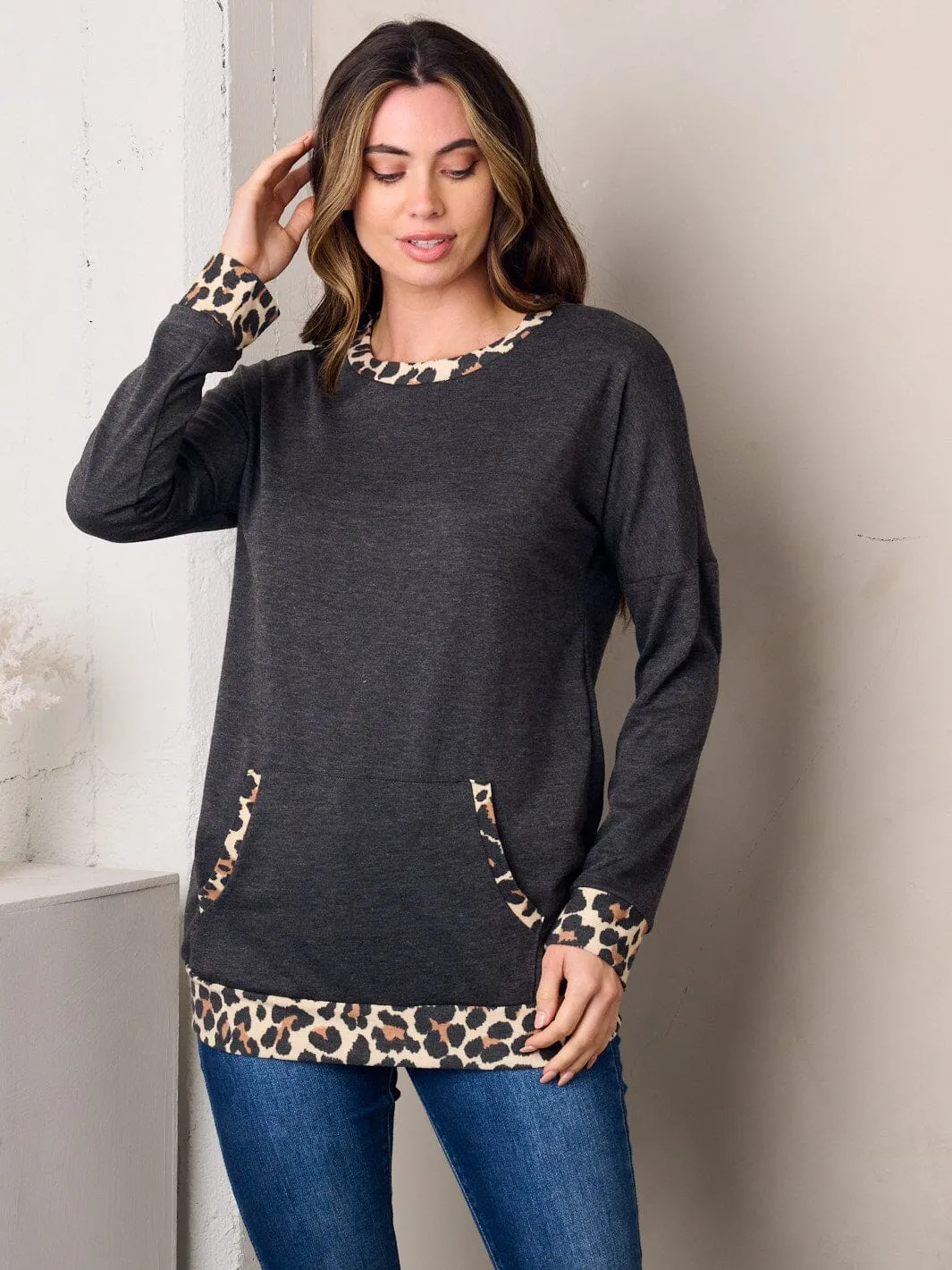 WOMEN'S LONG SLEEVE ANIMAL PRINT POCKETS TOP