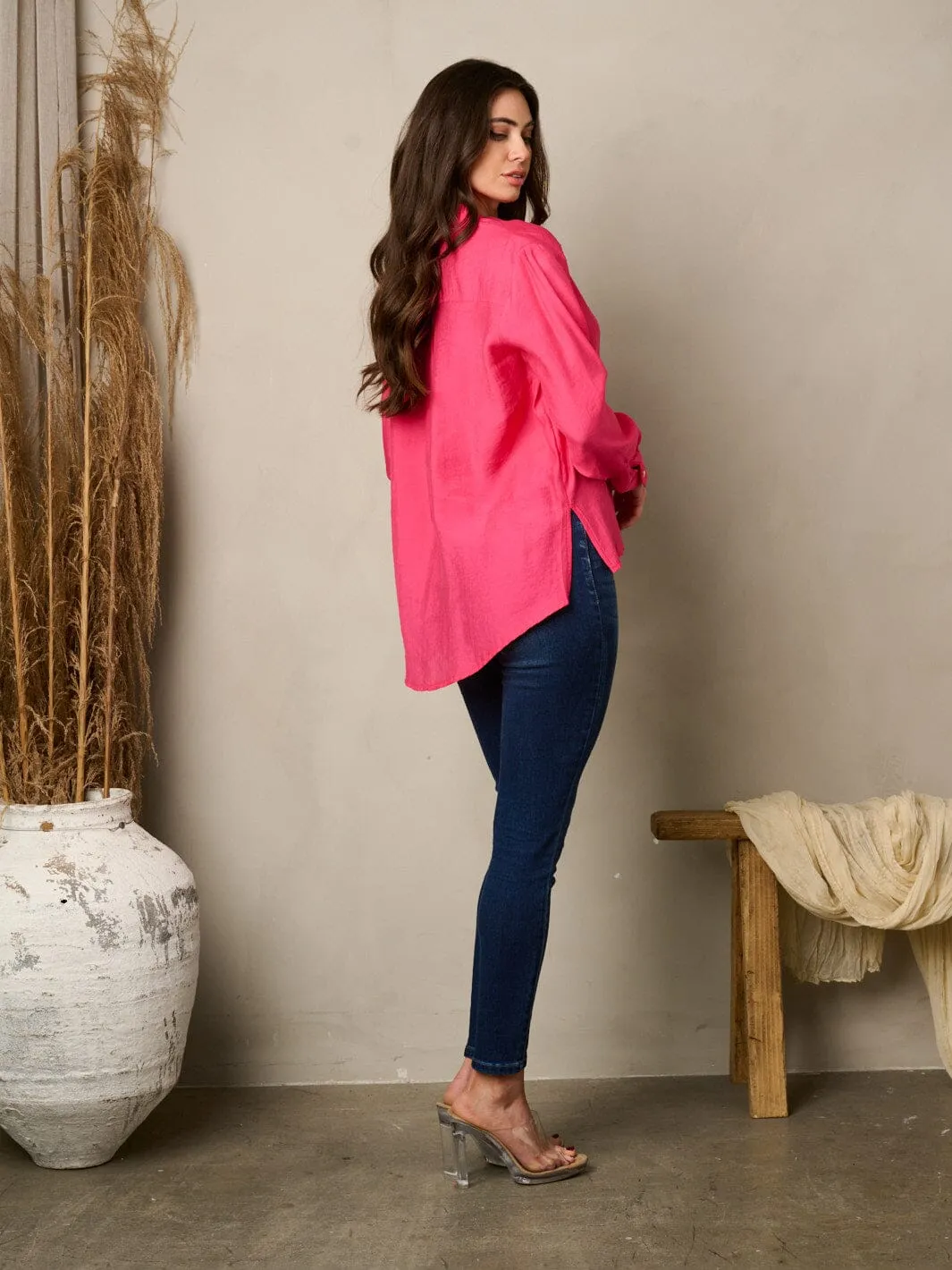 WOMEN'S LONG SLEEVE BUTTON UP NECK LOOSE FIT TOP