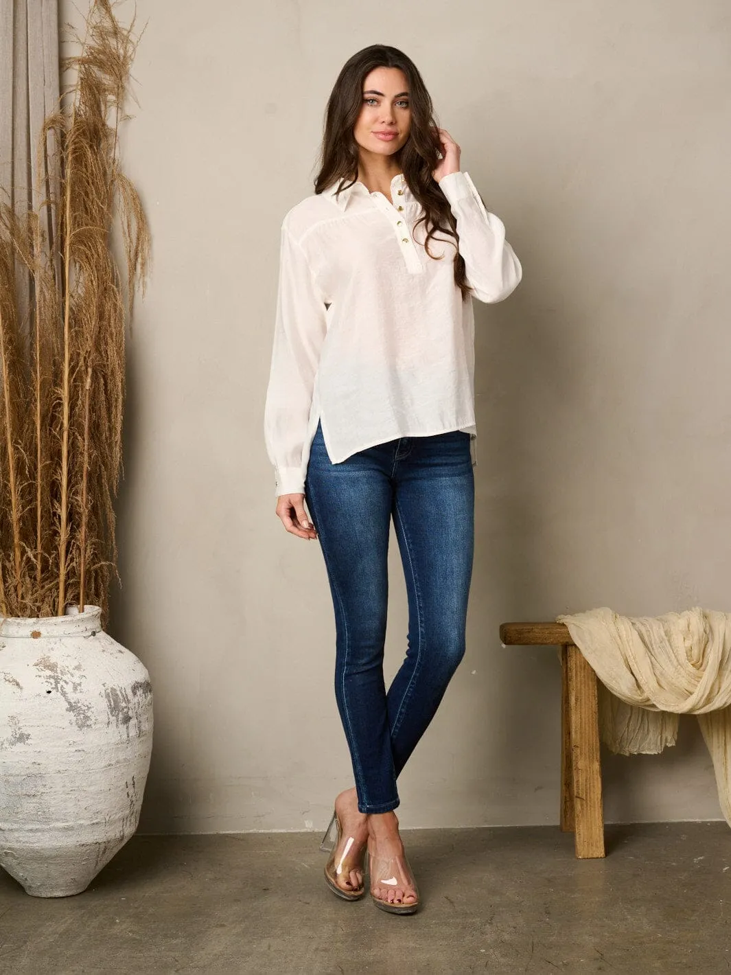 WOMEN'S LONG SLEEVE BUTTON UP NECK LOOSE FIT TOP