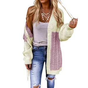 Womens Long Sleeve Color Block Cardigan Striped Open Front Chunky Knit Slouchy Sweaters Outwear Coats K112