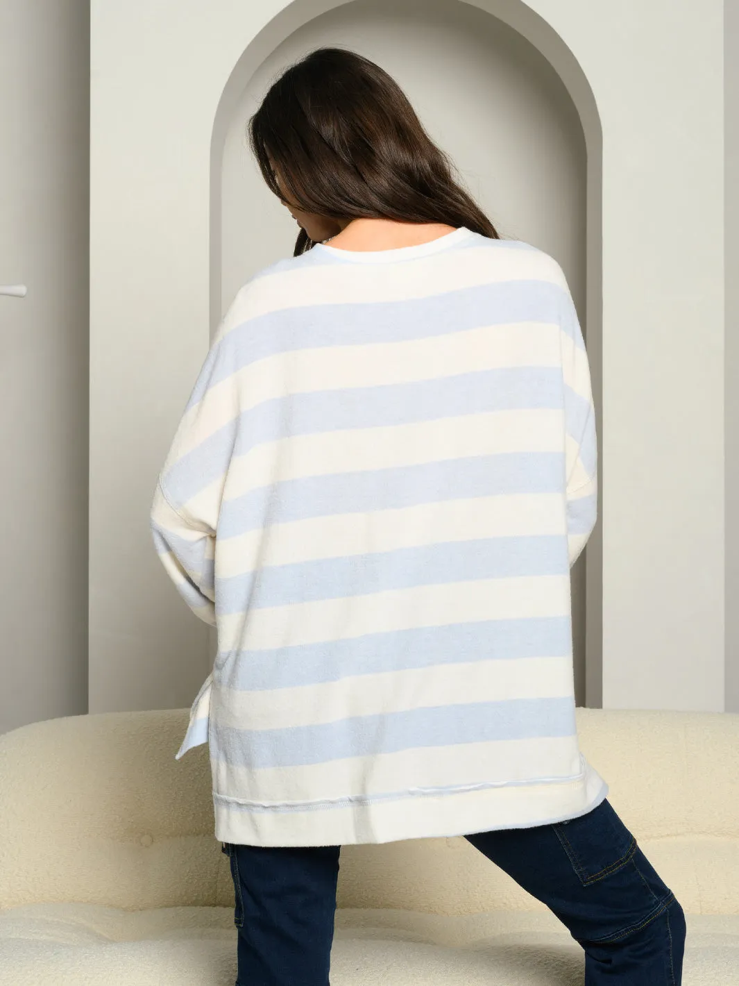 WOMEN'S LONG SLEEVE COLOR BLOCK STRIPES TUNIC TOP