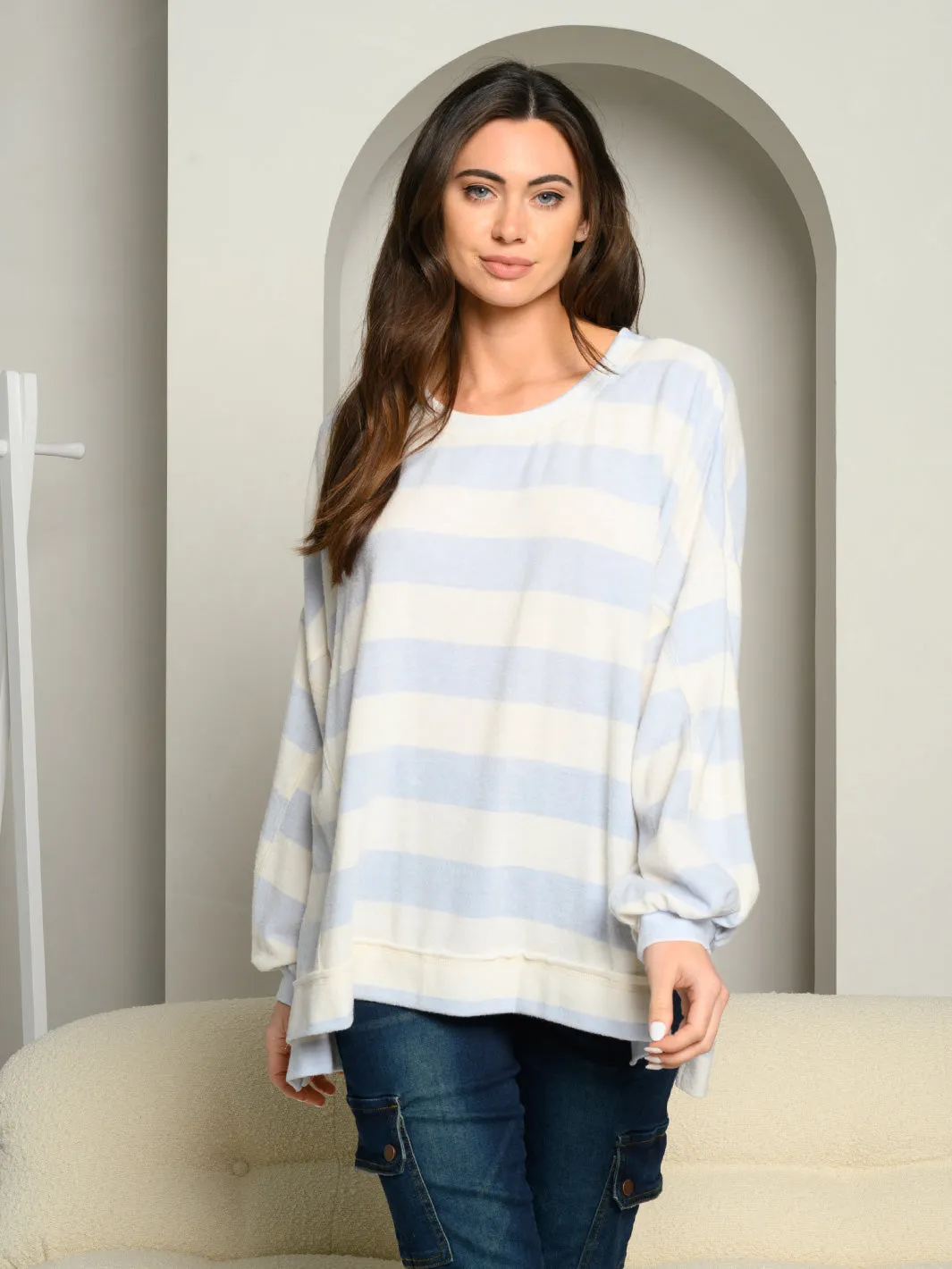 WOMEN'S LONG SLEEVE COLOR BLOCK STRIPES TUNIC TOP