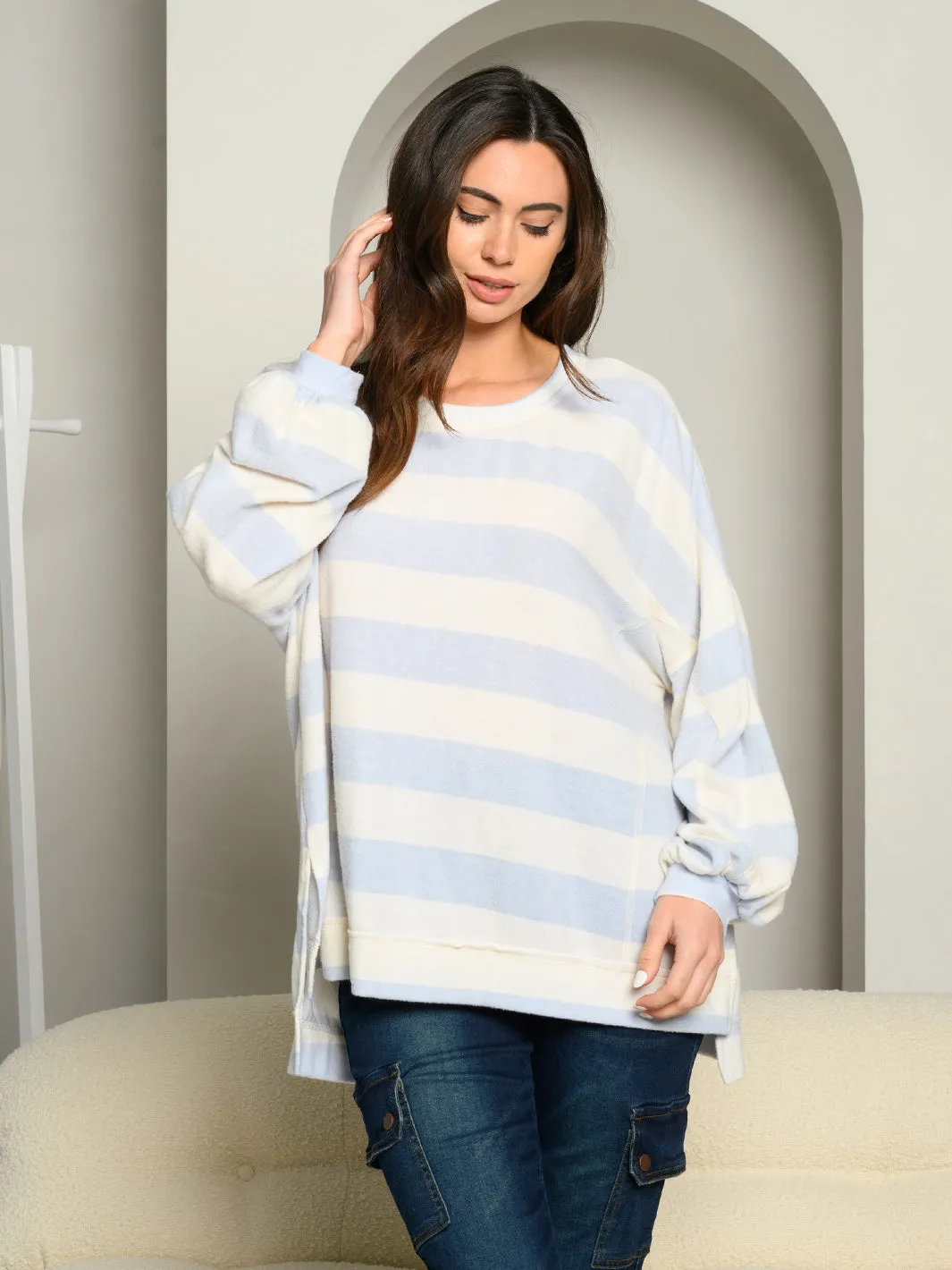 WOMEN'S LONG SLEEVE COLOR BLOCK STRIPES TUNIC TOP