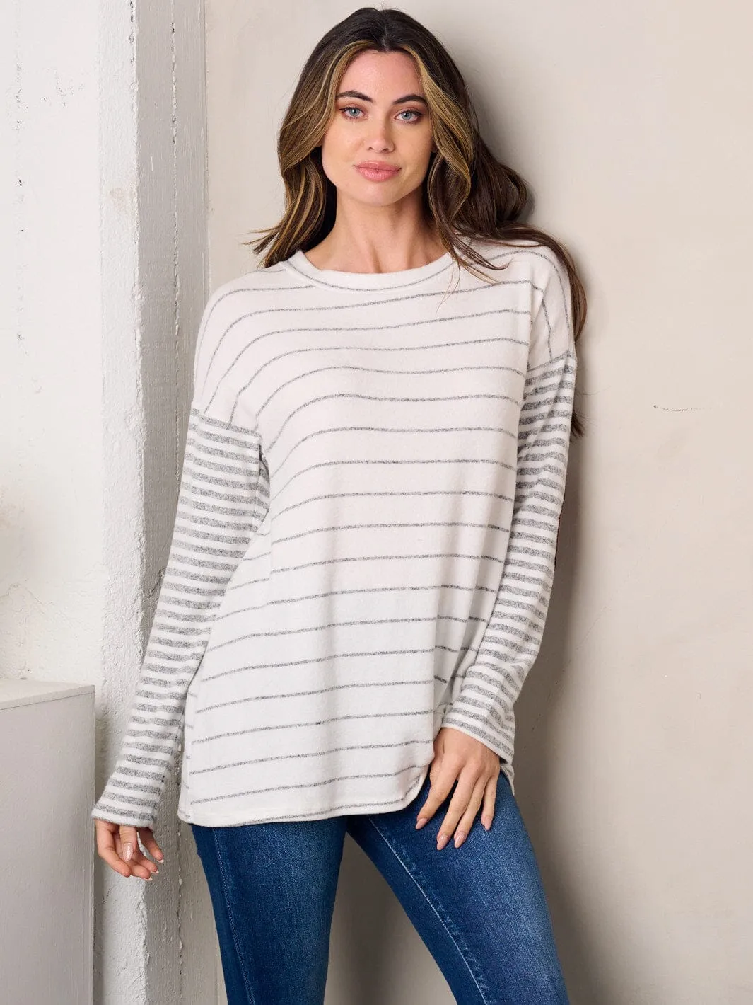 WOMEN'S LONG SLEEVE ELBOW PATCH STRIPES TUNIC TOP
