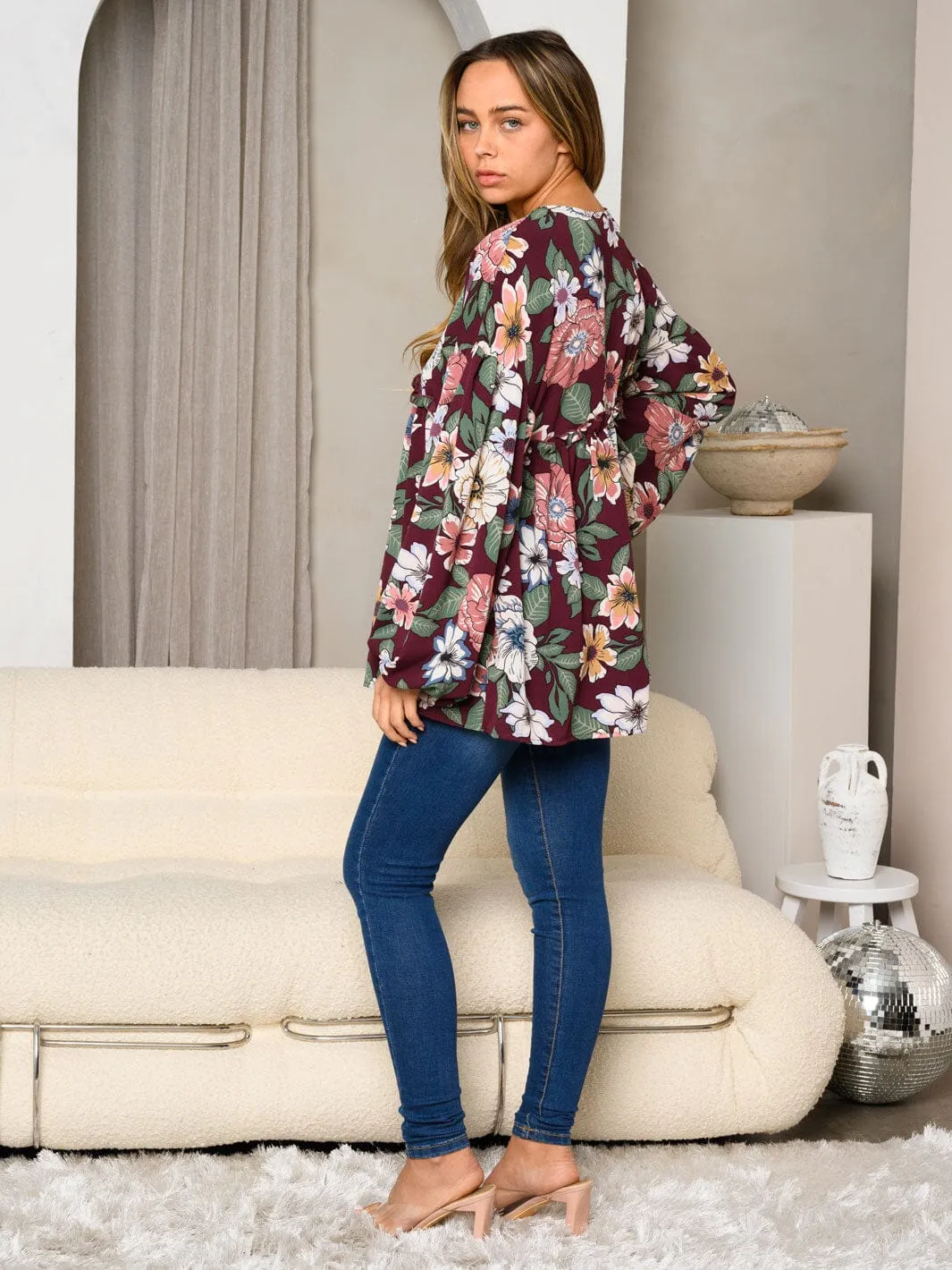 WOMEN'S LONG SLEEVE FRONT TIE FLORAL PRINT TUNIC TOP