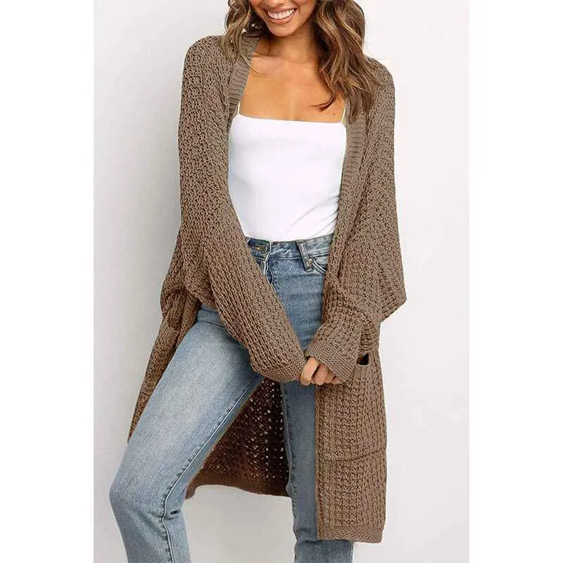 Womens Long Sleeve Open Front Cardigans Outwear Chunky Knit Sweaters with Pockets K009