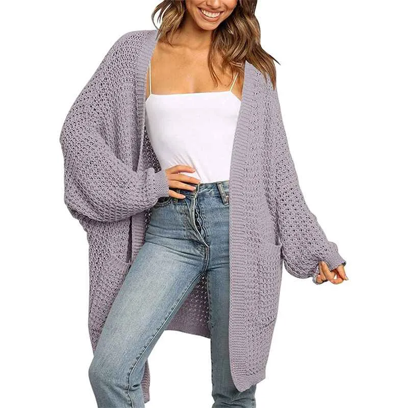 Womens Long Sleeve Open Front Cardigans Outwear Chunky Knit Sweaters with Pockets K009