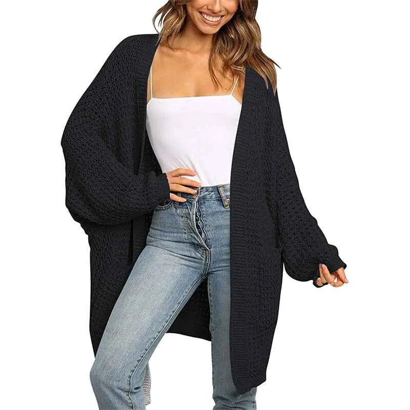 Womens Long Sleeve Open Front Cardigans Outwear Chunky Knit Sweaters with Pockets K009