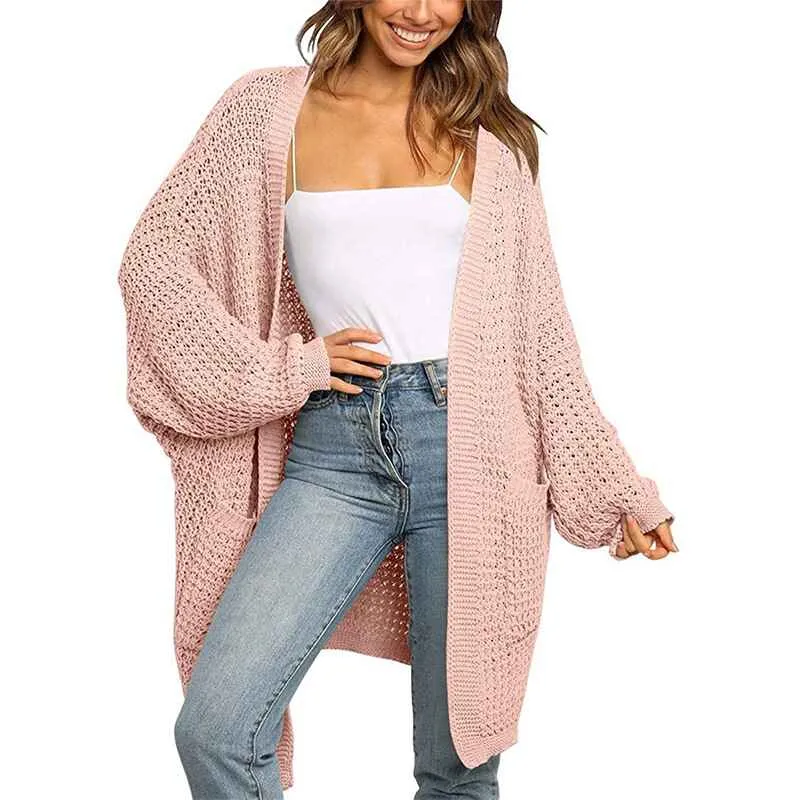 Womens Long Sleeve Open Front Cardigans Outwear Chunky Knit Sweaters with Pockets K009