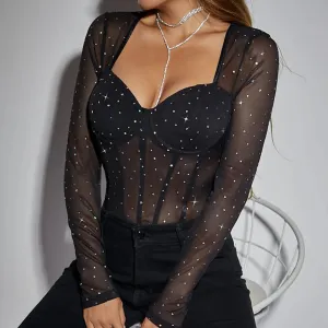Womens Long Sleeve Sequin Mesh Bodysuit Square Neck Slim Corset Bodysuit Jumpsuits See Through Sexy Bodysuits Y2k Streetwear