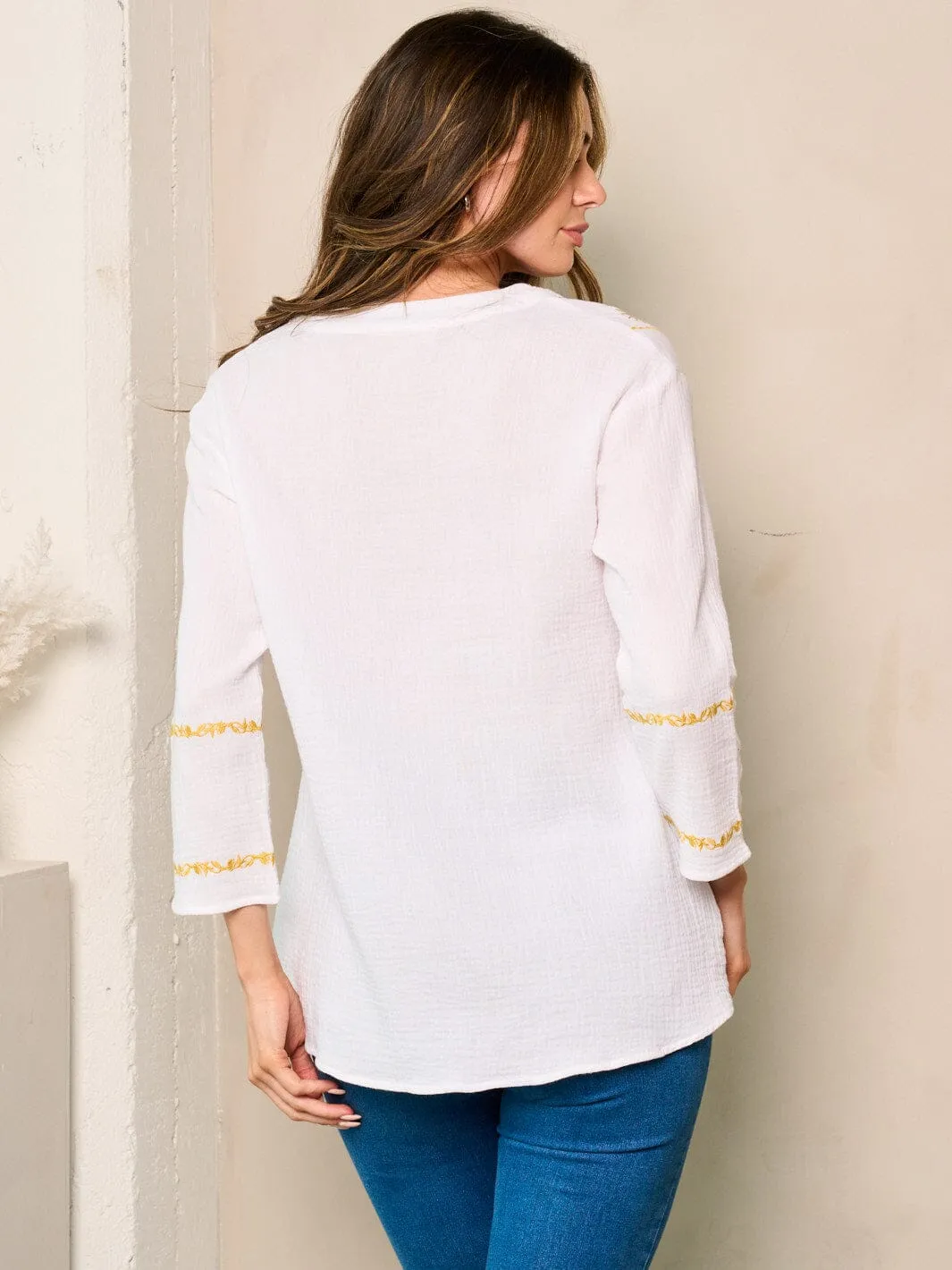 WOMEN'S LONG SLEEVE TUNIC V-NECK EMBROIDERY DETAILED TOP