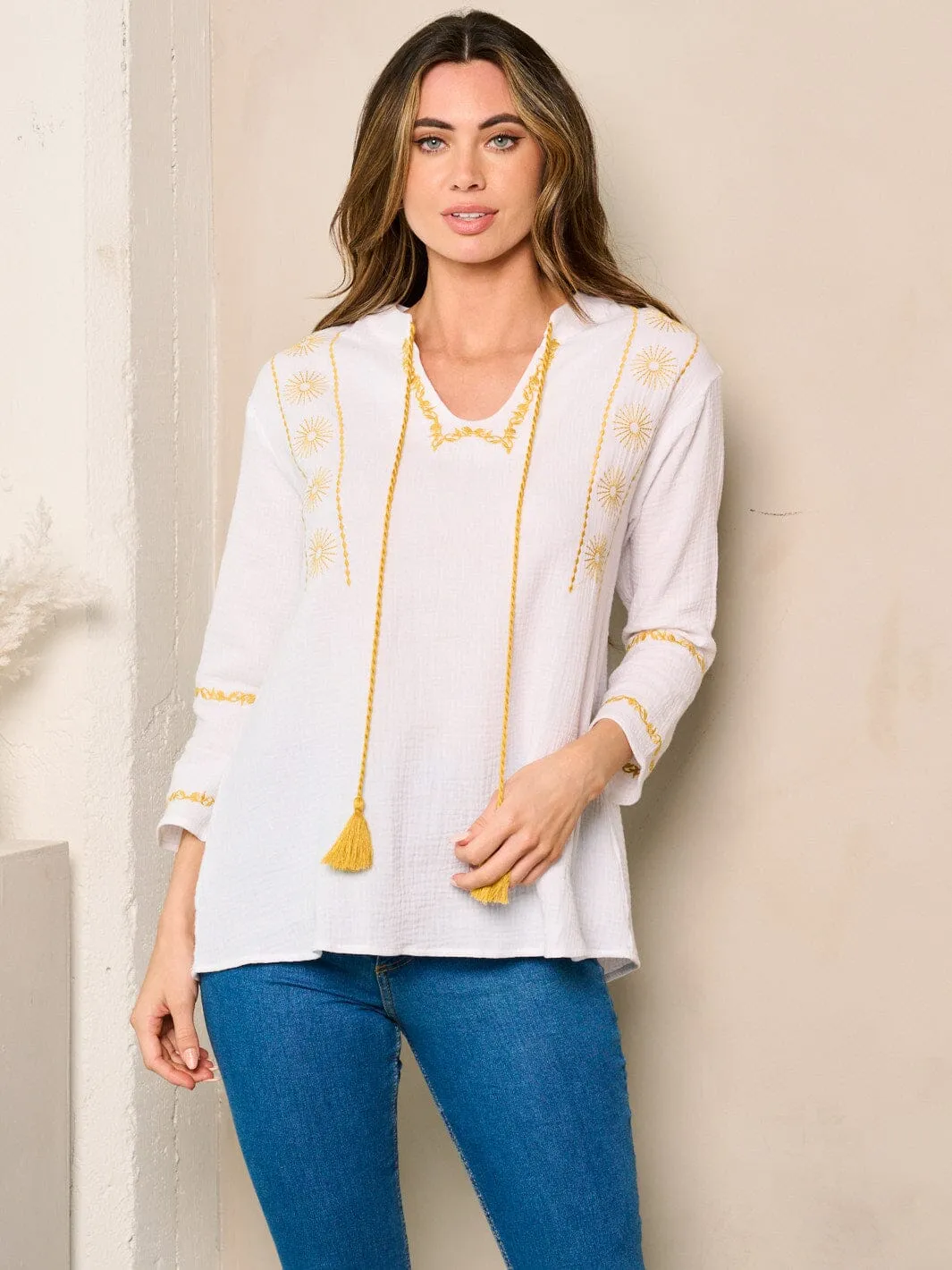 WOMEN'S LONG SLEEVE TUNIC V-NECK EMBROIDERY DETAILED TOP