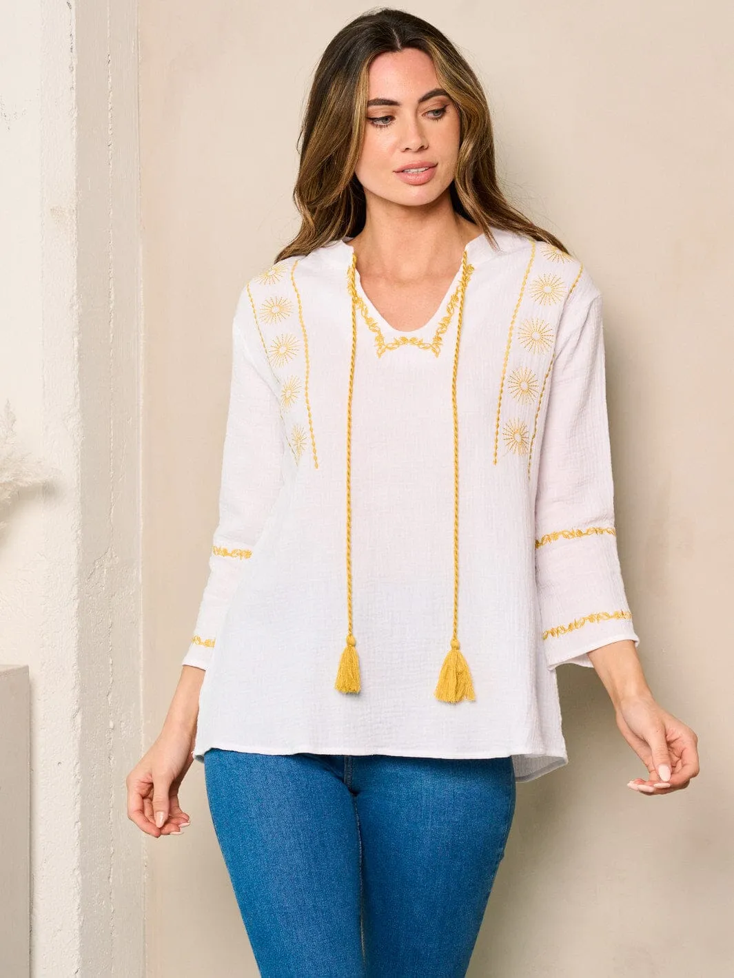 WOMEN'S LONG SLEEVE TUNIC V-NECK EMBROIDERY DETAILED TOP