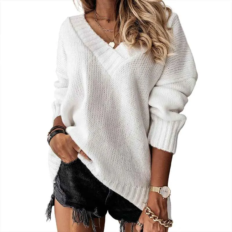 Women's Long Sleeve V Neck Pullover Tops Oversized Chunky Knitted Loose Jumper Sweaters K180