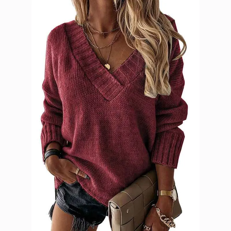 Women's Long Sleeve V Neck Pullover Tops Oversized Chunky Knitted Loose Jumper Sweaters K180