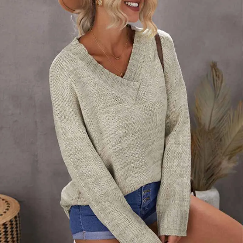 Women's Long Sleeve V Neck Pullover Tops Oversized Chunky Knitted Loose Jumper Sweaters K180