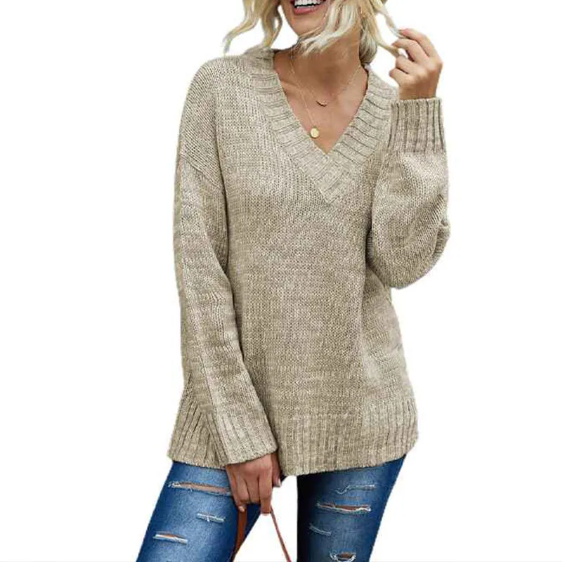 Women's Long Sleeve V Neck Pullover Tops Oversized Chunky Knitted Loose Jumper Sweaters K180