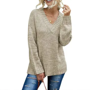 Women's Long Sleeve V Neck Pullover Tops Oversized Chunky Knitted Loose Jumper Sweaters K180