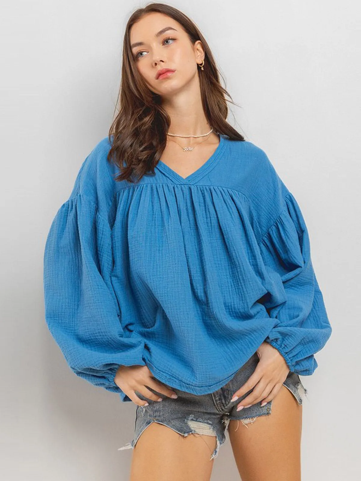 WOMEN'S LONG SLEEVE V-NECK TUNIC BLOUSE TOP