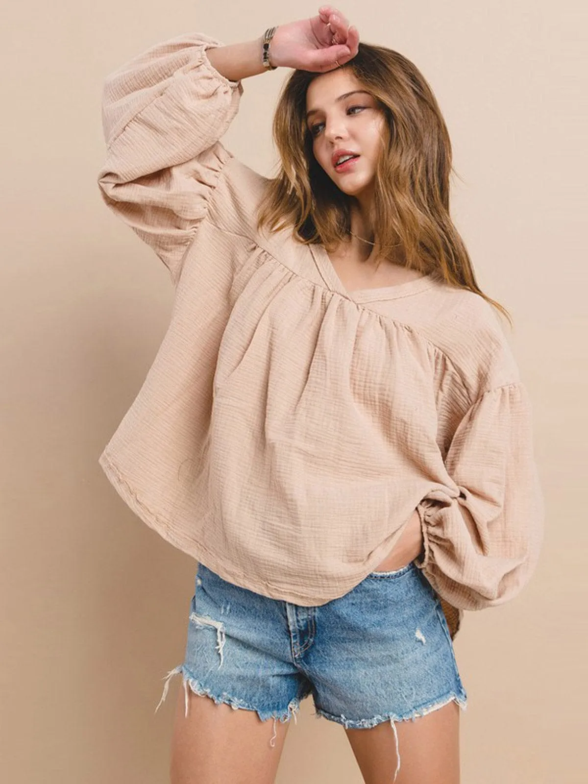 WOMEN'S LONG SLEEVE V-NECK TUNIC BLOUSE TOP