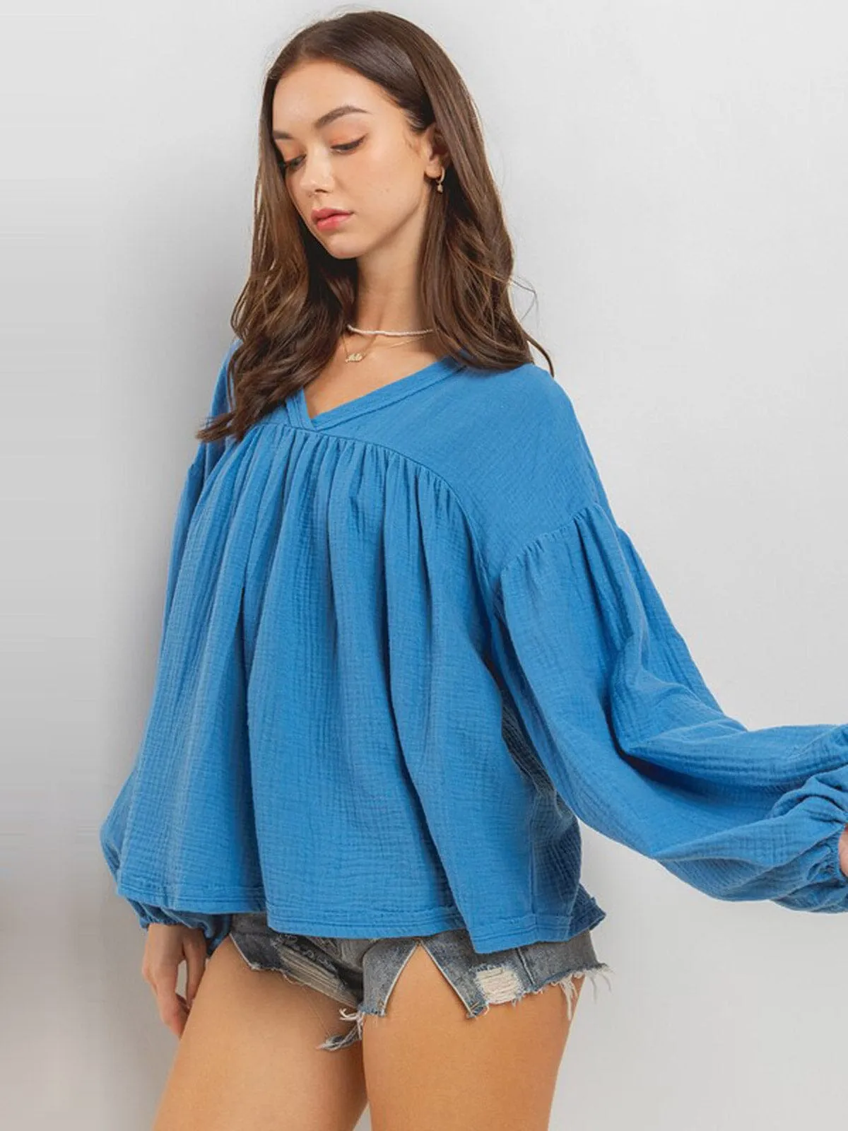 WOMEN'S LONG SLEEVE V-NECK TUNIC BLOUSE TOP