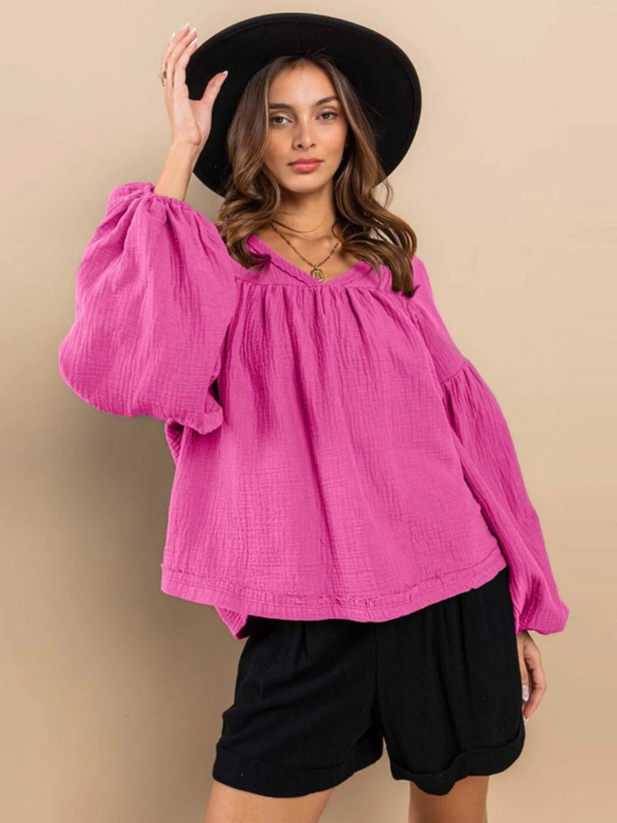 WOMEN'S LONG SLEEVE V-NECK TUNIC BLOUSE TOP