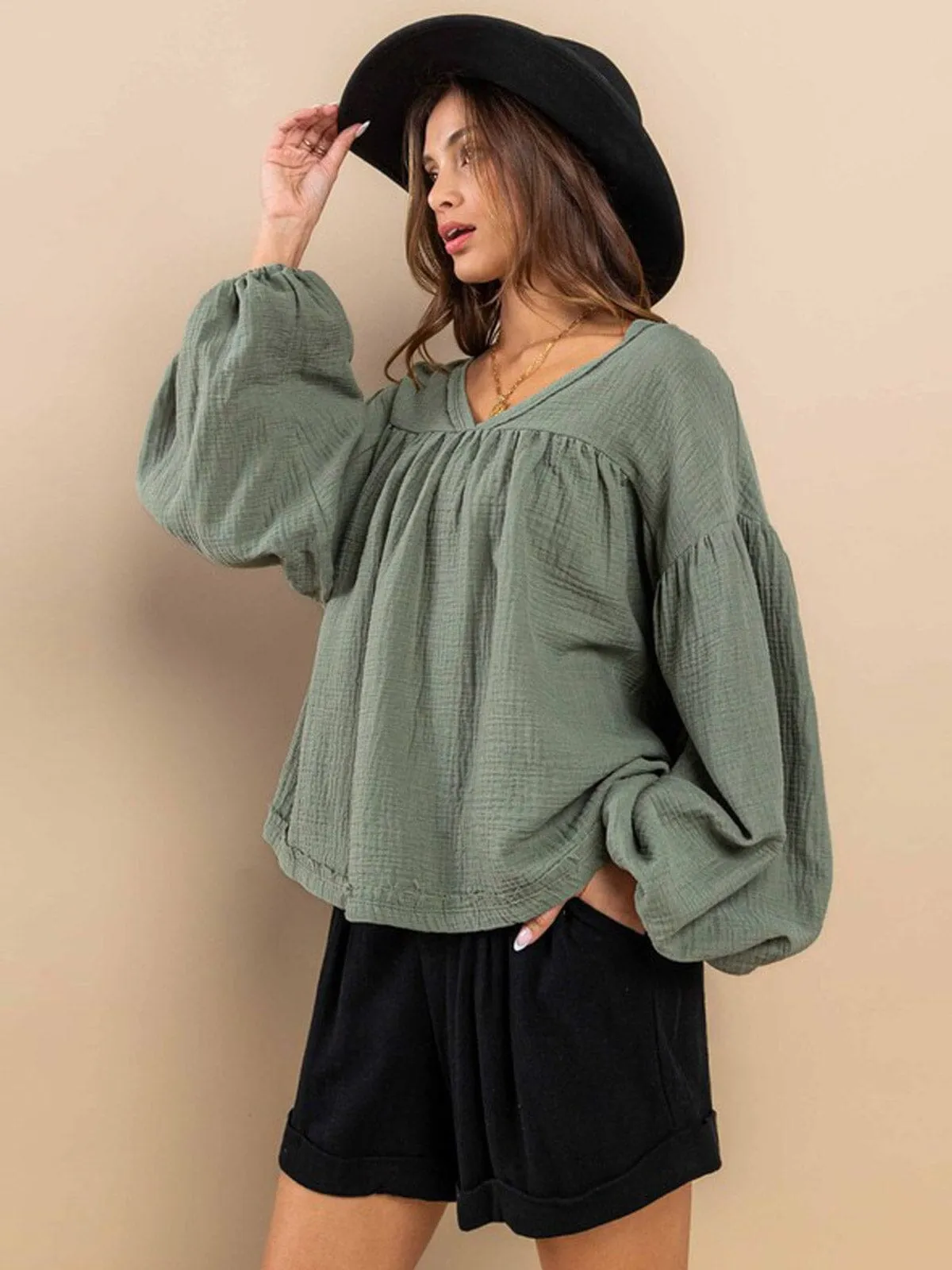 WOMEN'S LONG SLEEVE V-NECK TUNIC BLOUSE TOP