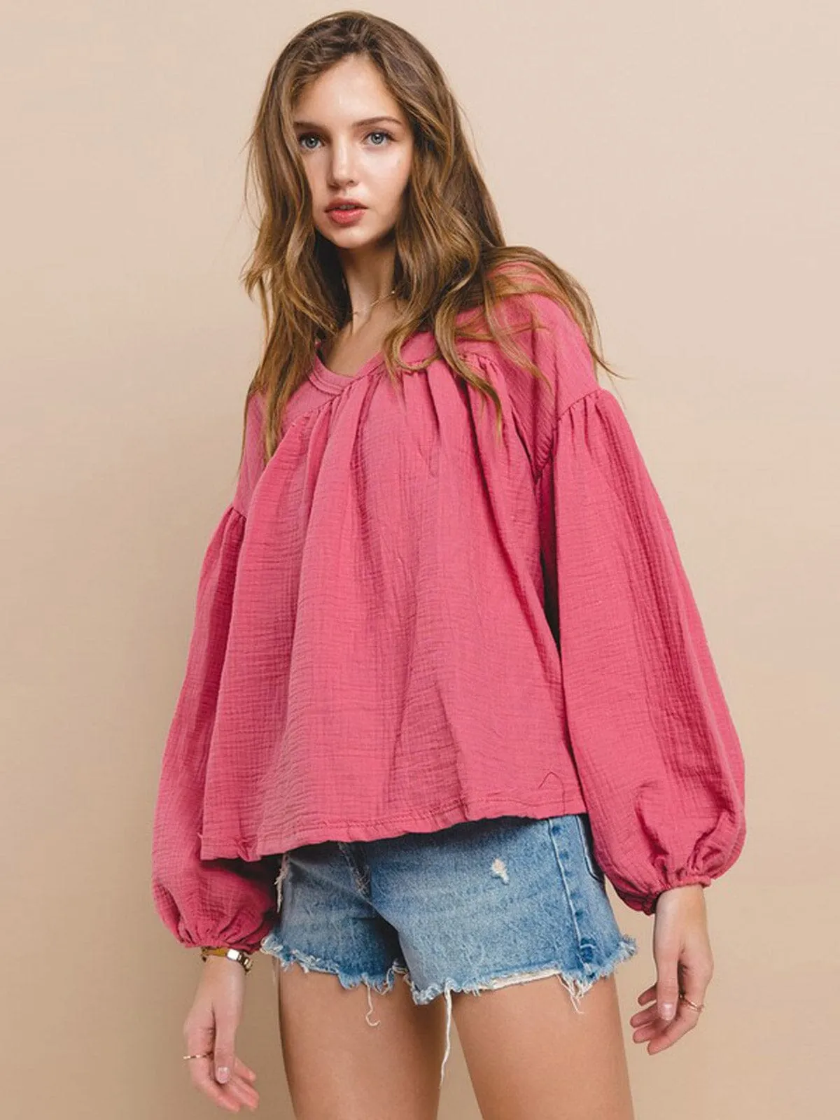 WOMEN'S LONG SLEEVE V-NECK TUNIC BLOUSE TOP