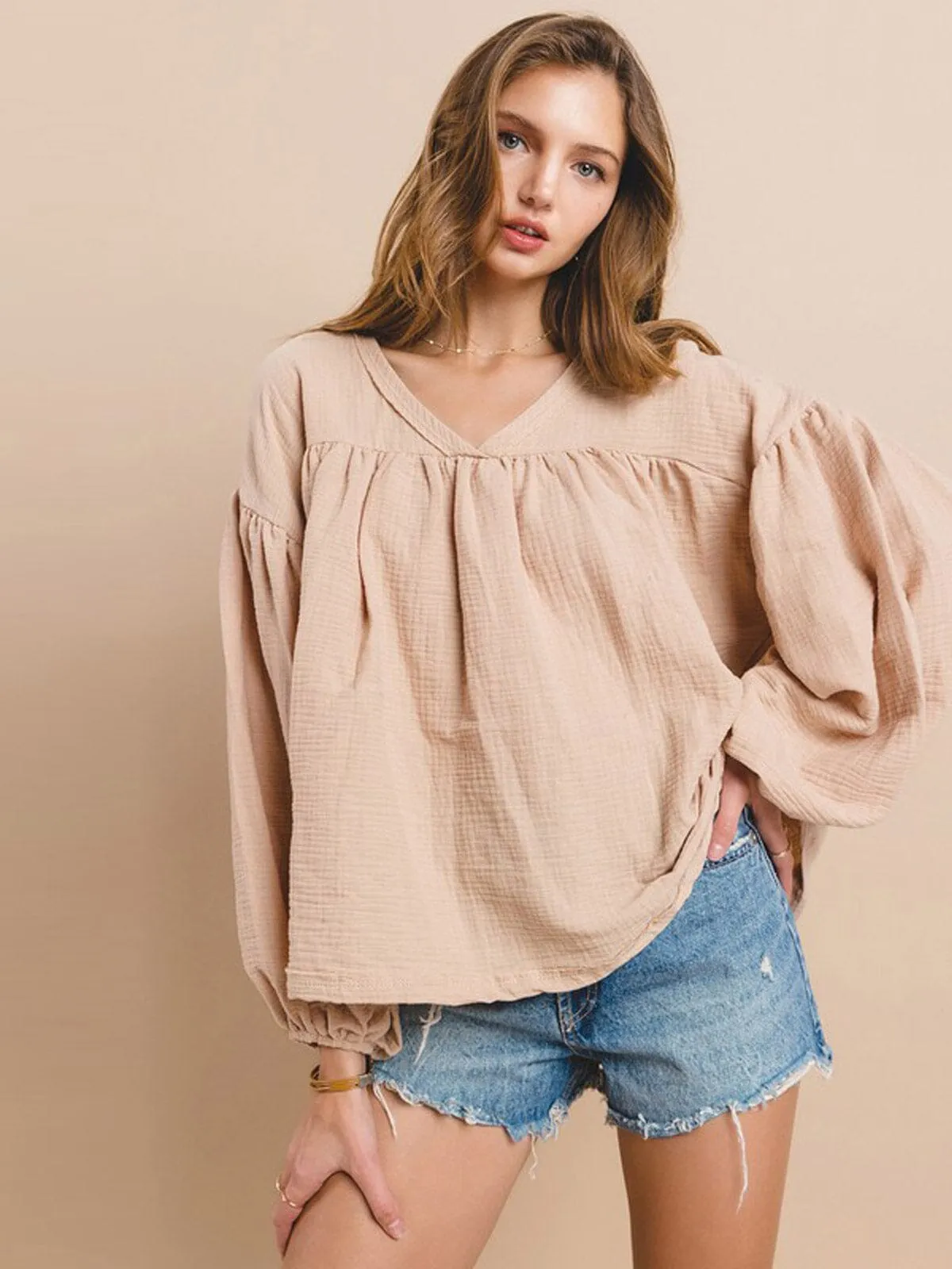 WOMEN'S LONG SLEEVE V-NECK TUNIC BLOUSE TOP