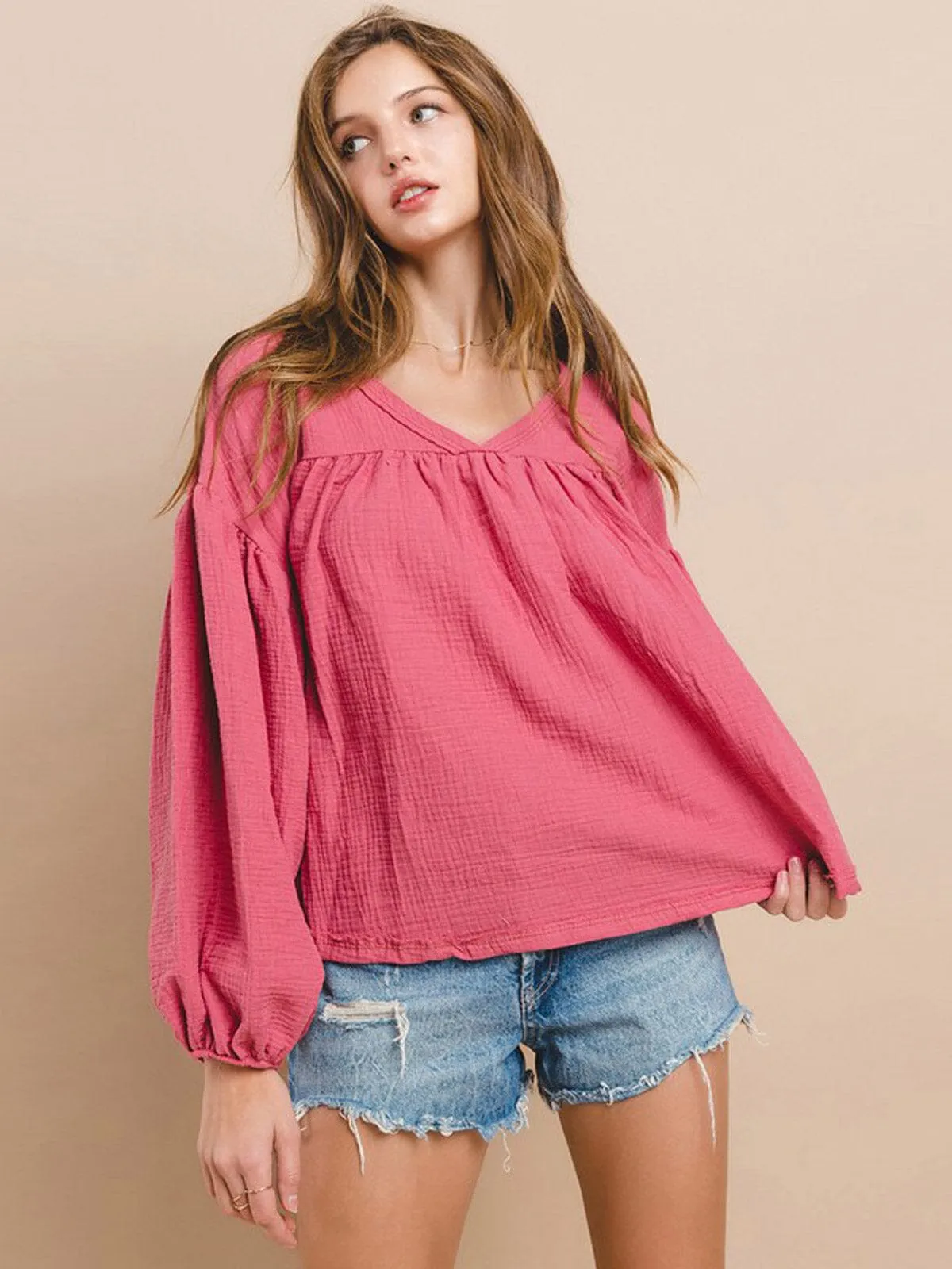 WOMEN'S LONG SLEEVE V-NECK TUNIC BLOUSE TOP