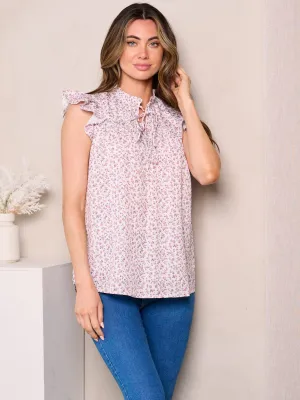 WOMEN'S RUFFLE SLEEVES NECK TIE FLORAL TUNIC TOP