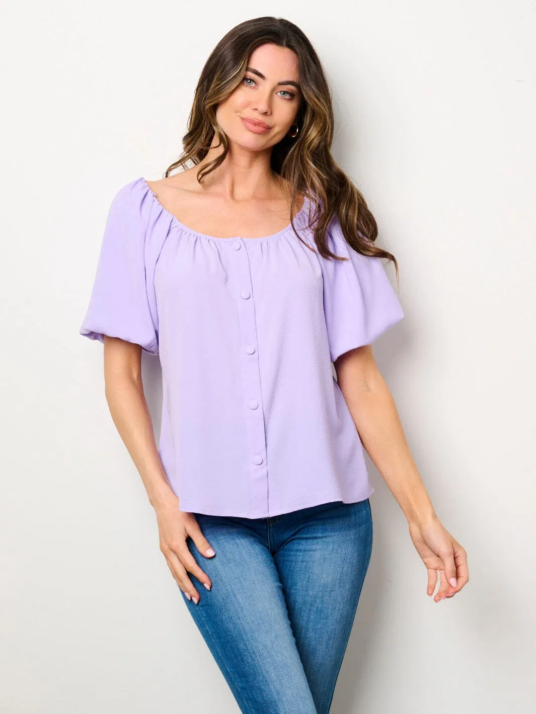 WOMEN'S SHORT PUFF SLEEVE BUTTONS BLOUSE TOP