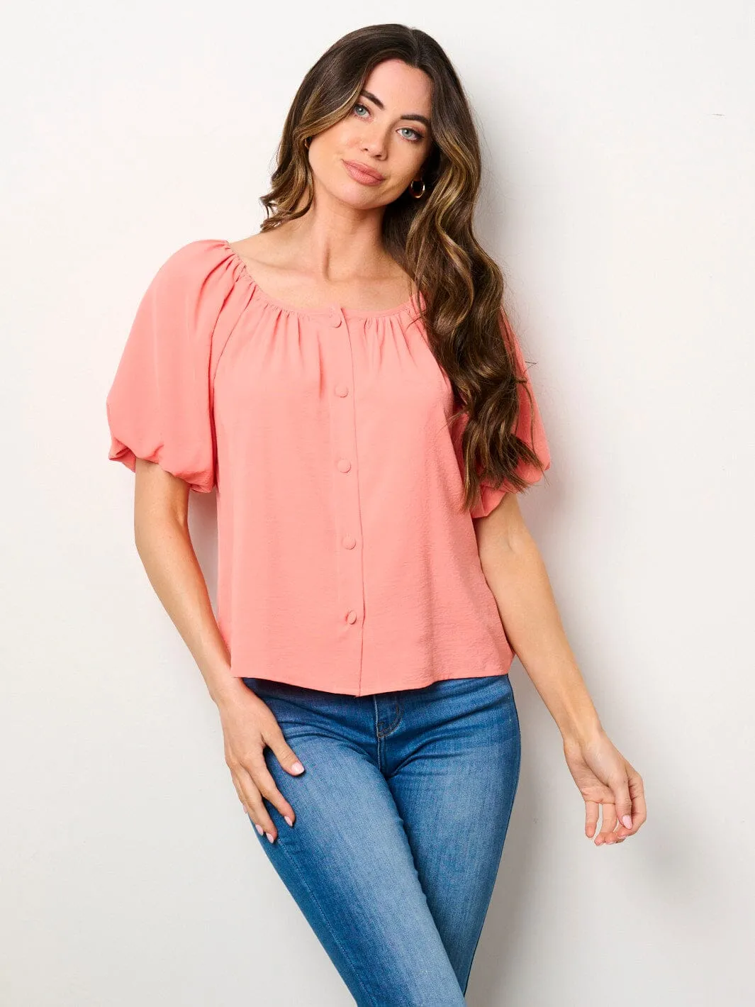 WOMEN'S SHORT PUFF SLEEVE BUTTONS BLOUSE TOP