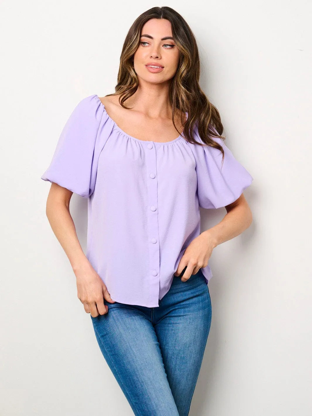 WOMEN'S SHORT PUFF SLEEVE BUTTONS BLOUSE TOP