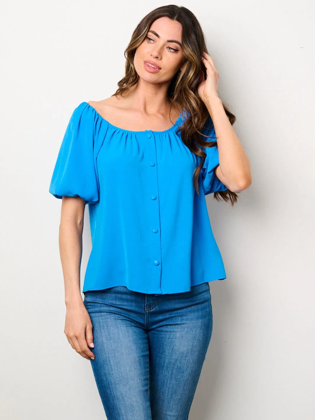 WOMEN'S SHORT PUFF SLEEVE BUTTONS BLOUSE TOP
