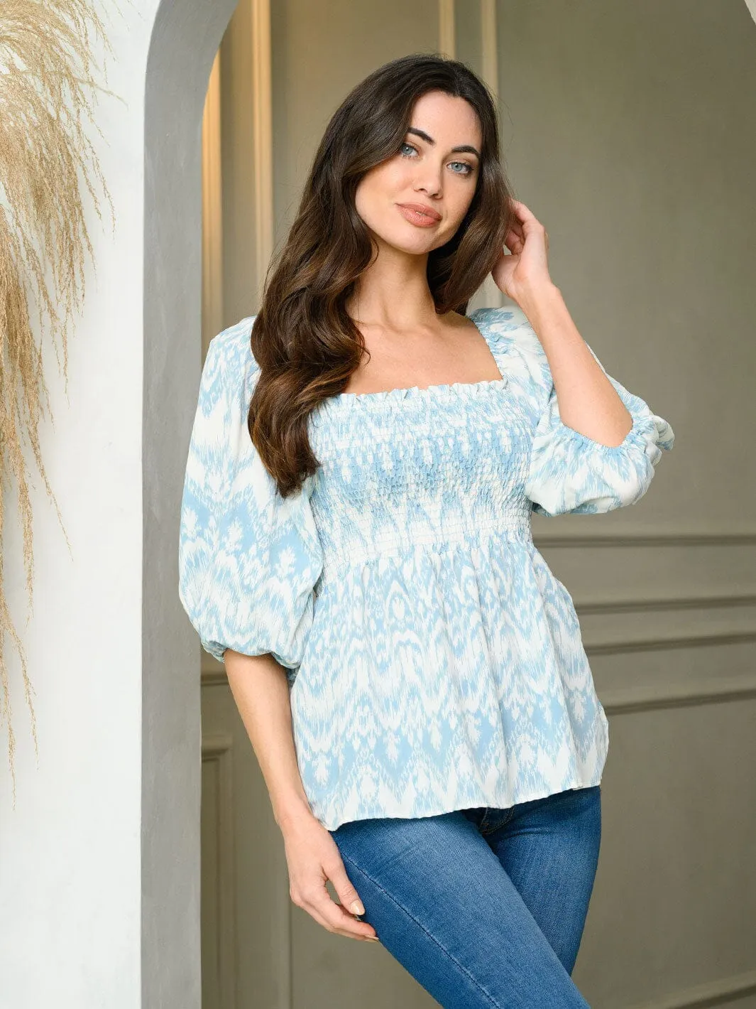 WOMEN'S SHORT PUFF SLEEVE SMOCK TUNIC TOP