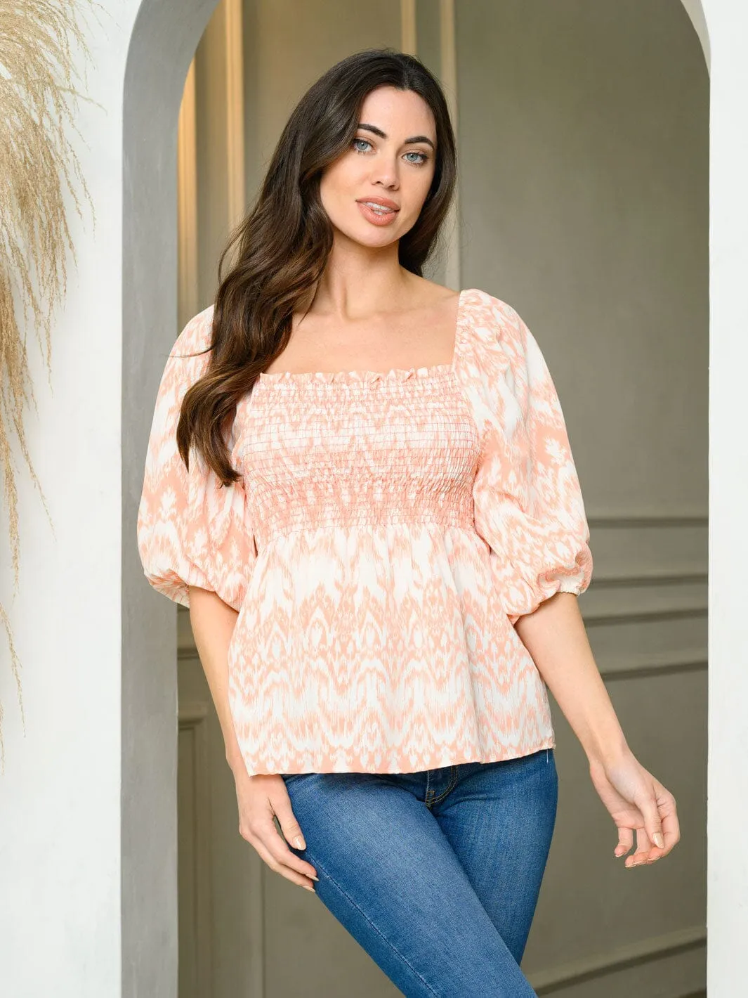 WOMEN'S SHORT PUFF SLEEVE SMOCK TUNIC TOP
