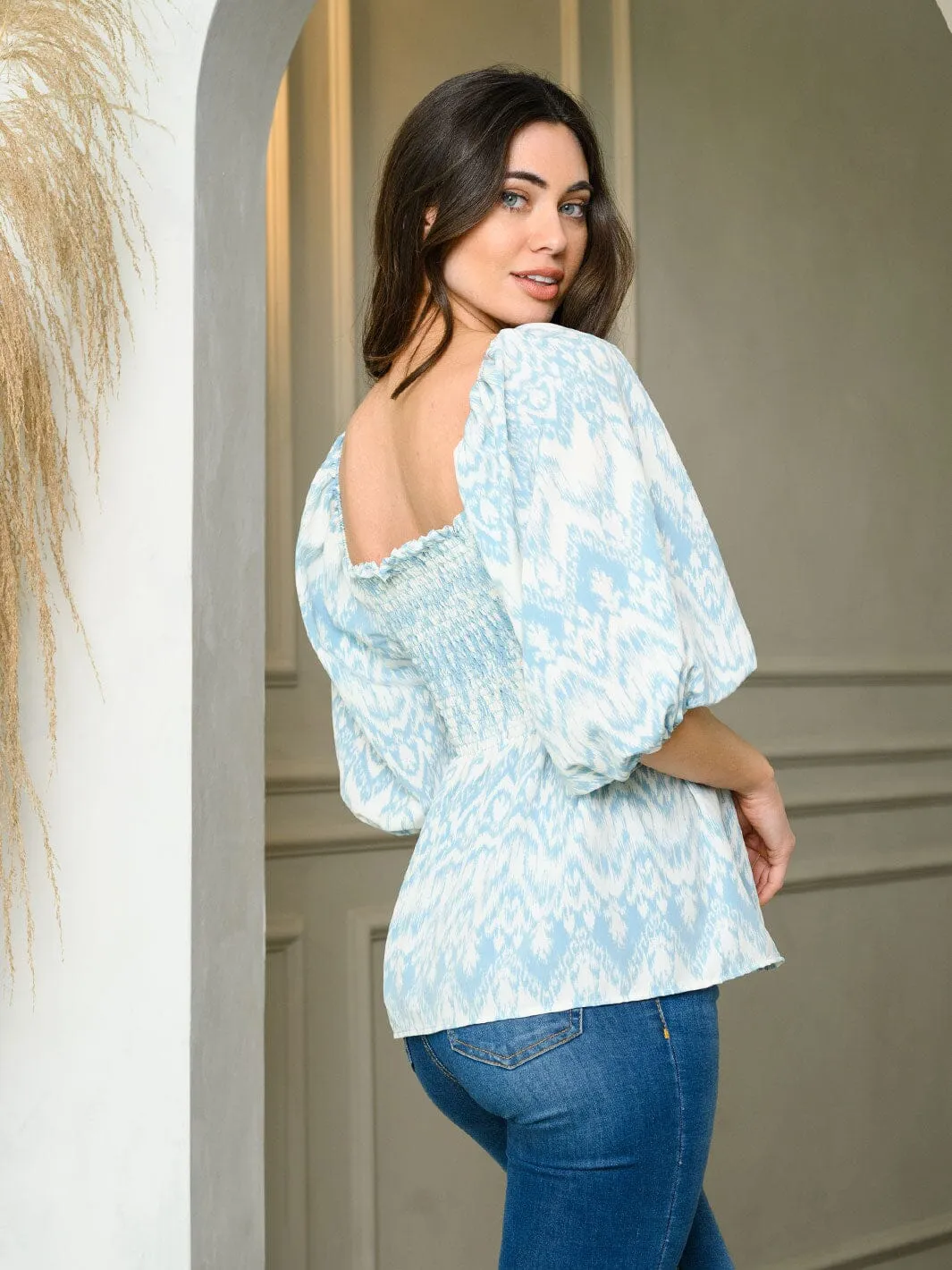 WOMEN'S SHORT PUFF SLEEVE SMOCK TUNIC TOP