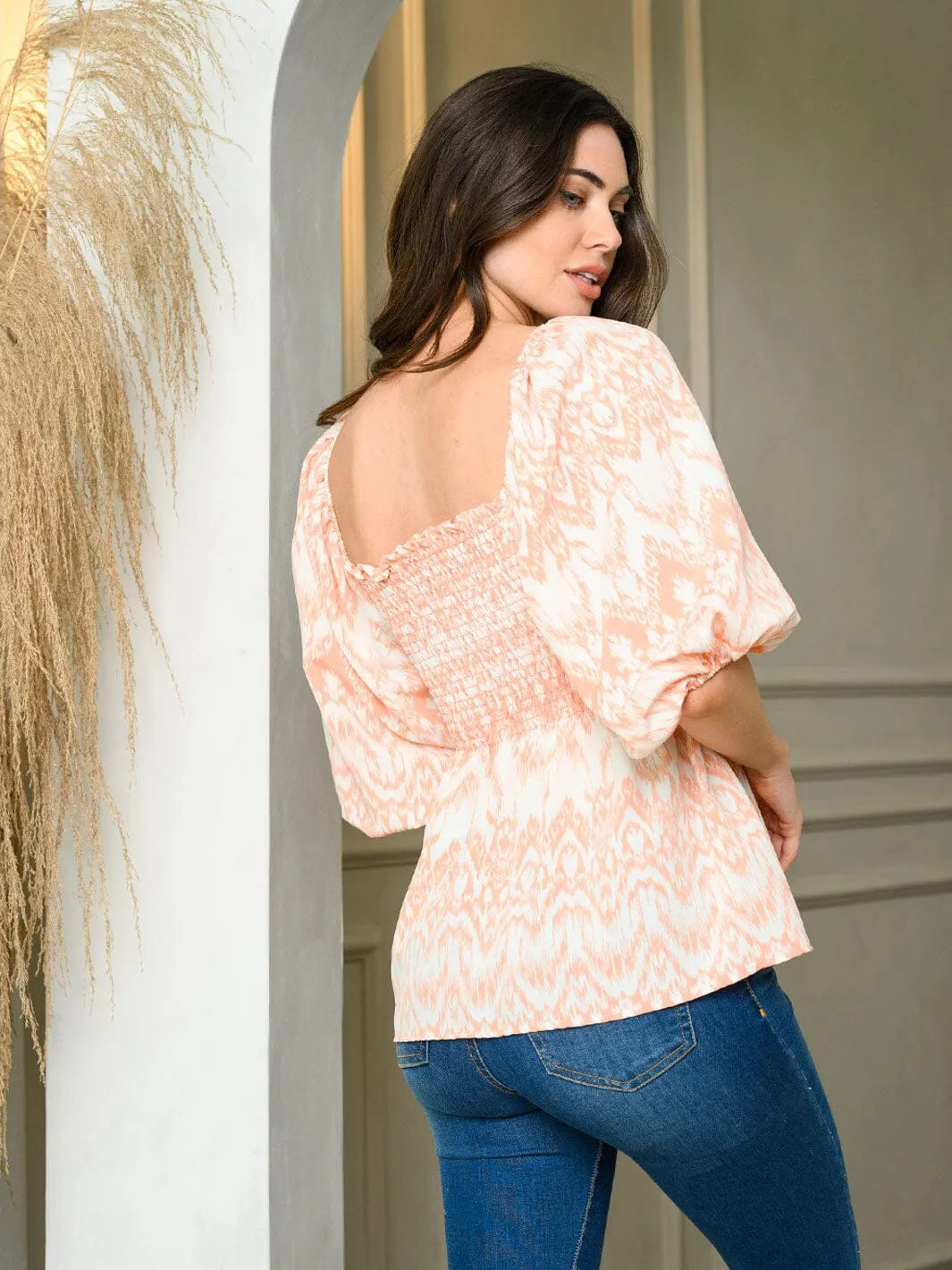 WOMEN'S SHORT PUFF SLEEVE SMOCK TUNIC TOP