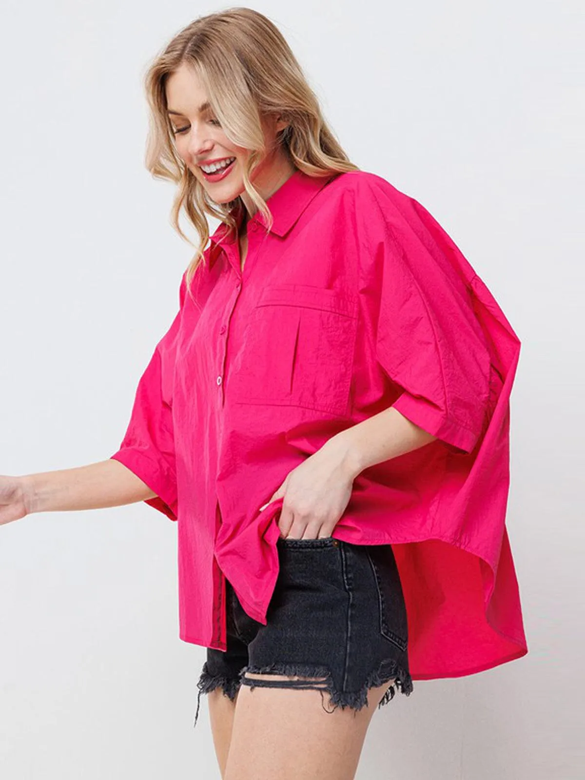 WOMEN'S SHORT RUFFLE SLEEVE BUTTON UP TUNIC BLOUSE TOP
