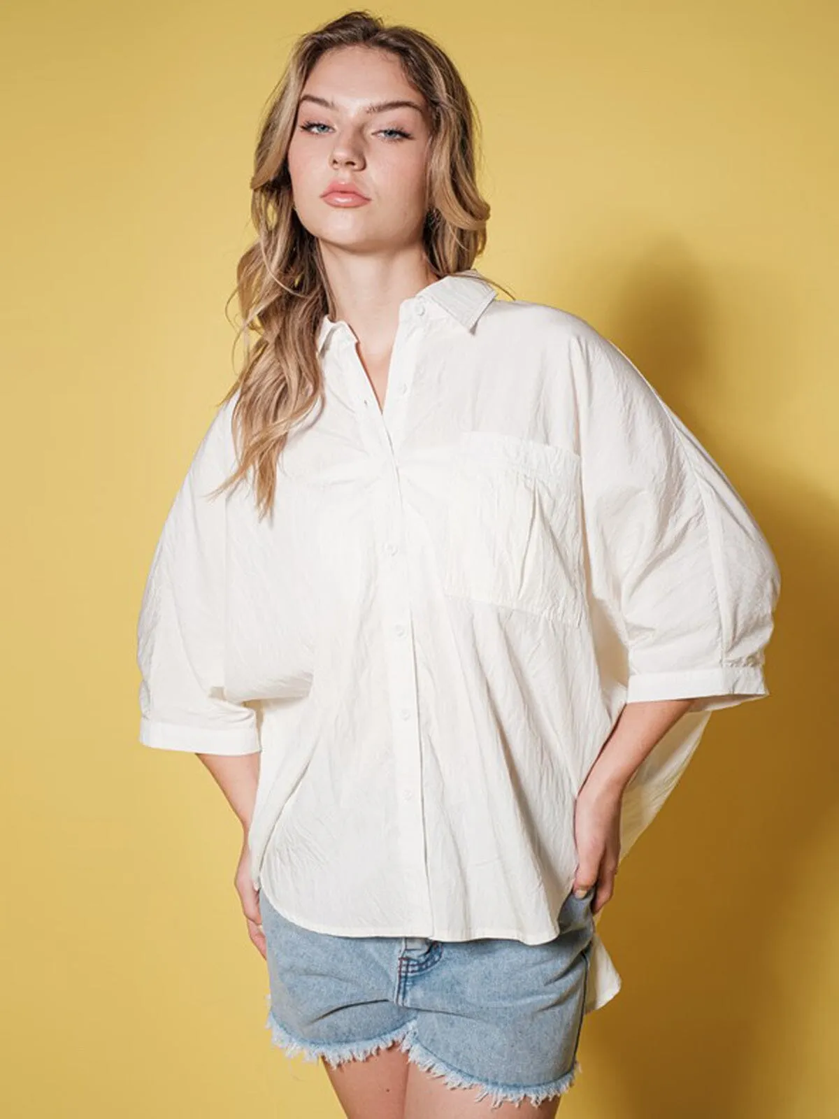 WOMEN'S SHORT RUFFLE SLEEVE BUTTON UP TUNIC BLOUSE TOP