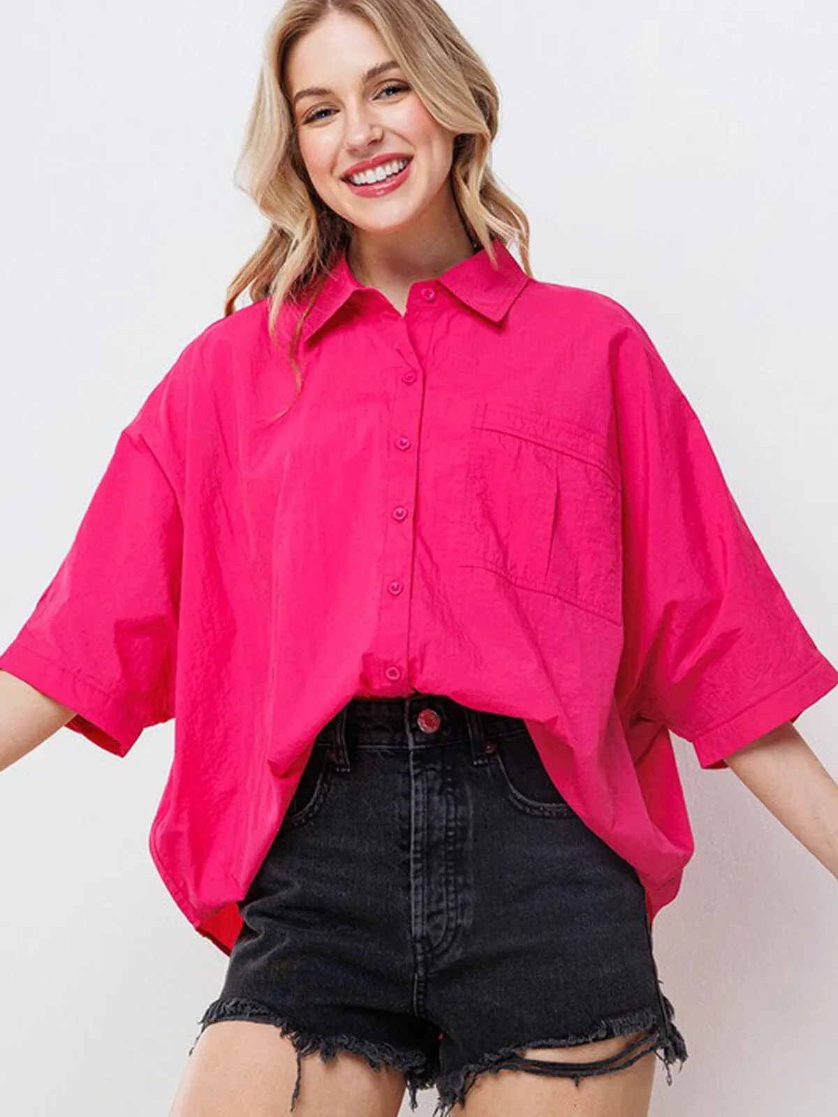 WOMEN'S SHORT RUFFLE SLEEVE BUTTON UP TUNIC BLOUSE TOP