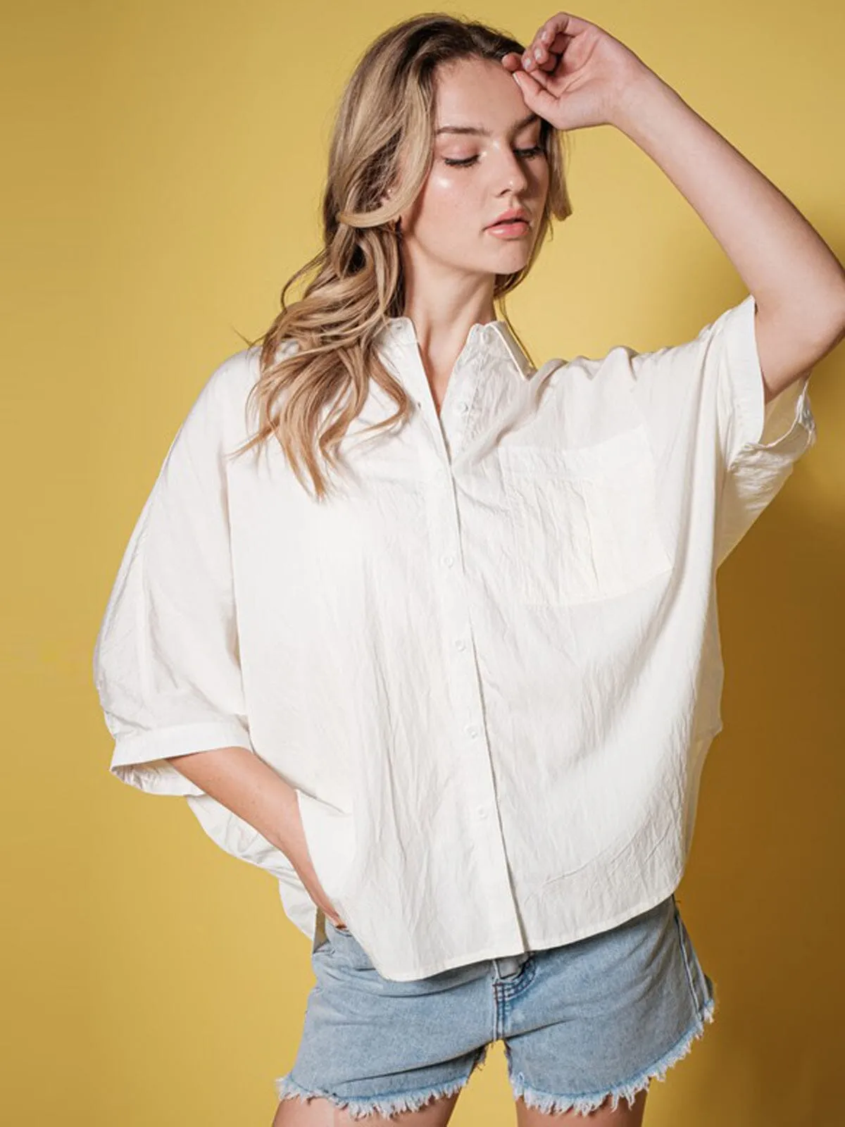 WOMEN'S SHORT RUFFLE SLEEVE BUTTON UP TUNIC BLOUSE TOP